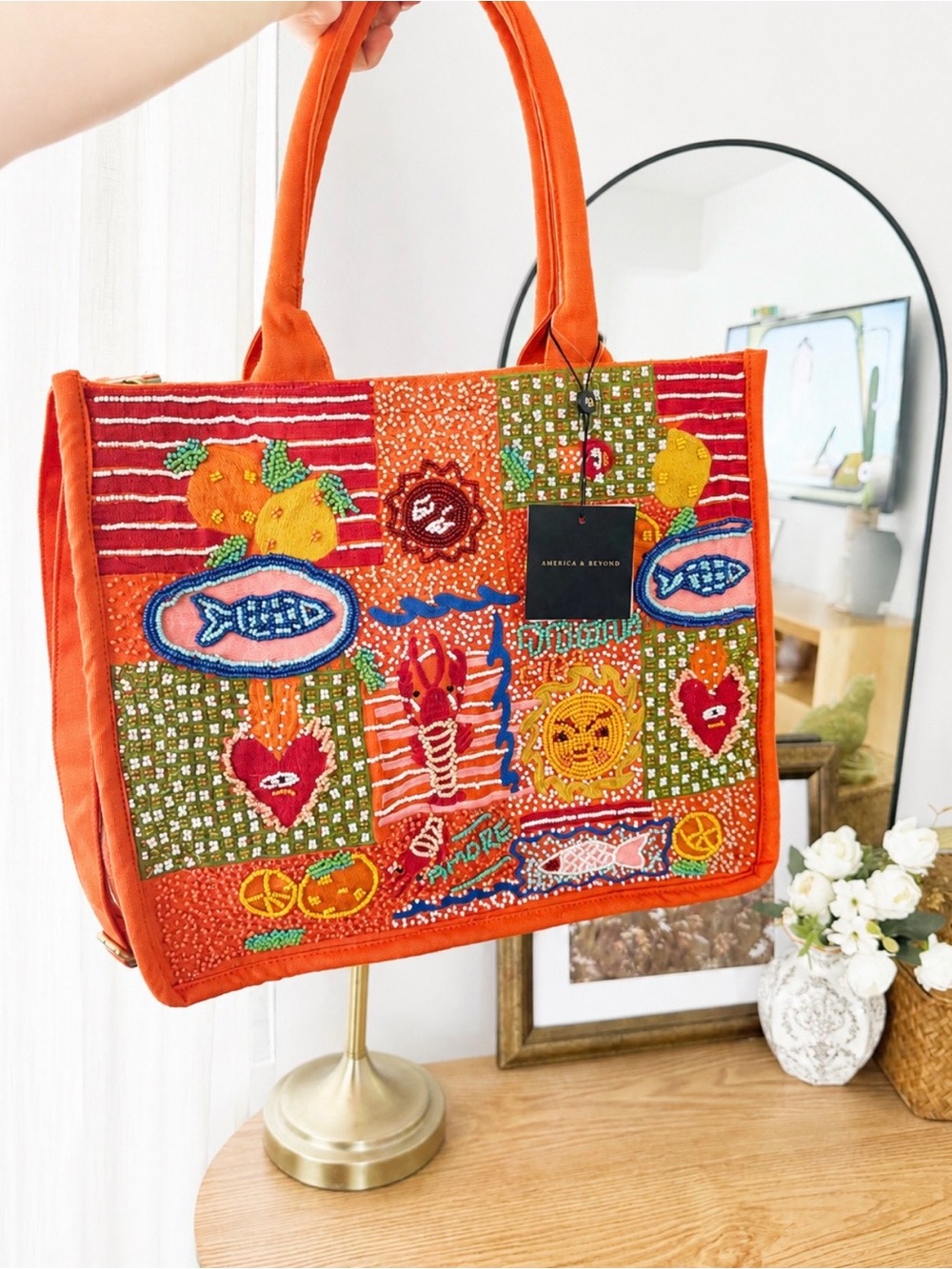 Embroidered Orange Tote Bag by